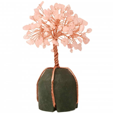 Arborele vietii 13-14 cm din pietre semipretioase polisate de cuart roz si baza de piatra naturala de aventurin verde - Copacel de cristal pentru energie pozitiva  atrage norocul, decor Feng Shui, cadou spiritual