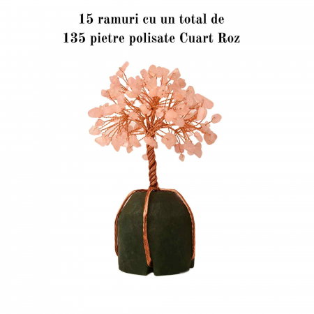 Arborele vietii 13-14 cm din pietre semipretioase polisate de cuart roz si baza de piatra naturala de aventurin verde - Copacel de cristal pentru energie pozitiva  atrage norocul, decor Feng Shui, cadou spiritual [5]