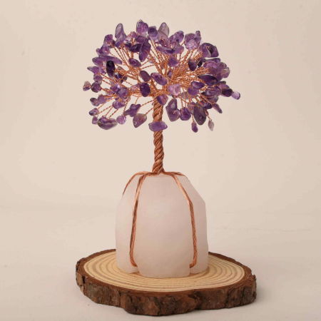 Copacel 13-14 cm din pietre semipretioase polisate de ametist si baza de piatra naturala de cuart transparent - Arbore din cristale semipretioase pentru energie pozitiva  atrage norocul, decor Feng Shui, cadou spiritual [5]