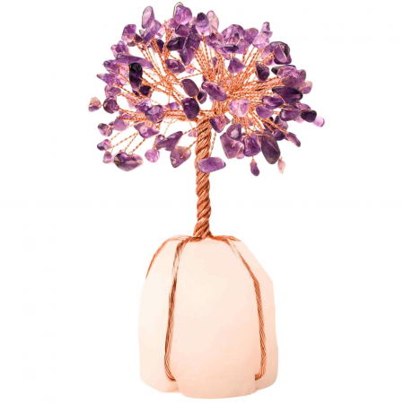 Copacel 13-14 cm din pietre semipretioase polisate de ametist si baza de piatra naturala de cuart transparent - Arbore din cristale semipretioase pentru energie pozitiva  atrage norocul, decor Feng Shui, cadou spiritual