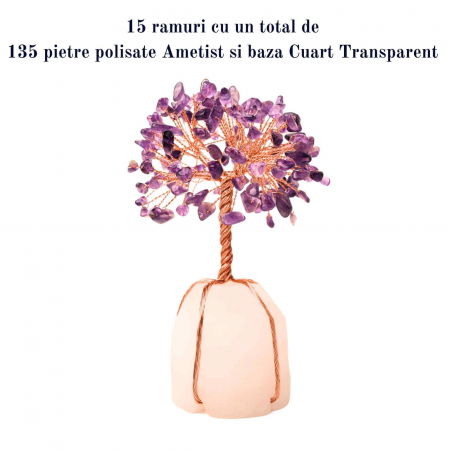 Copacel 13-14 cm din pietre semipretioase polisate de ametist si baza de piatra naturala de cuart transparent - Arbore din cristale semipretioase pentru energie pozitiva  atrage norocul, decor Feng Shui, cadou spiritual [3]