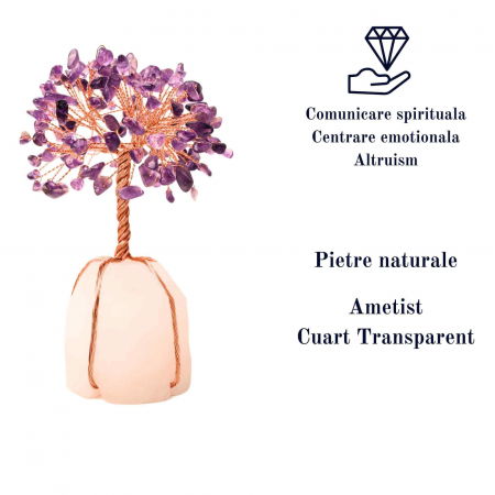 Copacel 13-14 cm din pietre semipretioase polisate de ametist si baza de piatra naturala de cuart transparent - Arbore din cristale semipretioase pentru energie pozitiva  atrage norocul, decor Feng Shui, cadou spiritual [1]