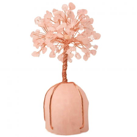 Arborele vietii 13-14 cm din pietre semipretioase polisate de cuart roz si baza de piatra naturala de cuart roz - Copacel de cristal pentru energie pozitiva  atrage norocul, decor Feng Shui, cadou spiritual