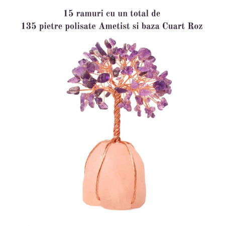 Copacel 13-14 cm din pietre semipretioase polisate de ametist si baza de piatra naturala de cuart roz - Arbore din cristale semipretioase pentru energie pozitiva, cadou spiritual [3]