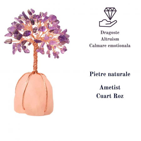 Copacel 13-14 cm din pietre semipretioase polisate de ametist si baza de piatra naturala de cuart roz - Arbore din cristale semipretioase pentru energie pozitiva, cadou spiritual [1]