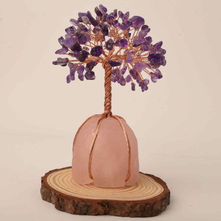 Copacel 13-14 cm din pietre semipretioase polisate de ametist si baza de piatra naturala de cuart roz - Arbore din cristale semipretioase pentru energie pozitiva, cadou spiritual [5]