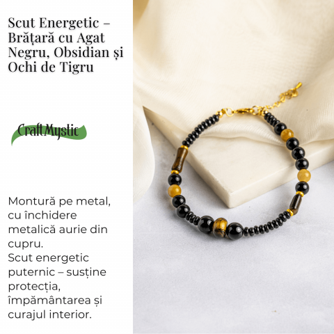 Scut Energetic – Bratara cu Agat Negru, Obsidian si Ochi de Tigru [2]