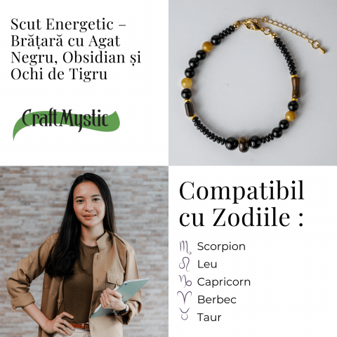Scut Energetic – Bratara cu Agat Negru, Obsidian si Ochi de Tigru [4]