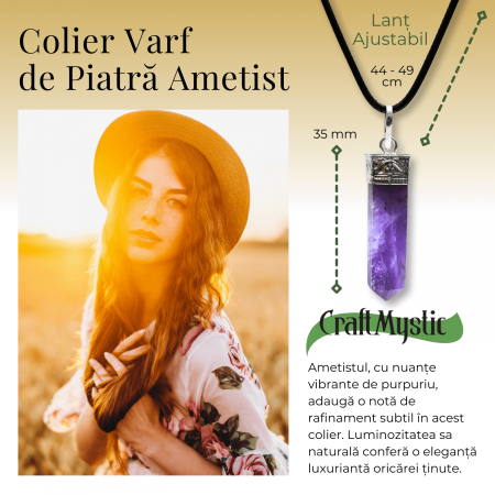 Colier Reglabil cu Pandantiv 35mm Varf de Ametist cu 6 Fete [1]