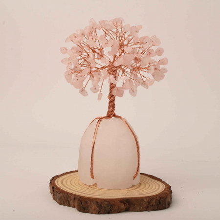 Arborele vietii 13-14 cm din pietre semipretioase polisate de cuart roz si baza de piatra naturala de cuart transparent - Copacel de cristal pentru energie pozitiva  atrage norocul, decor Feng Shui, cadou spiritual [5]