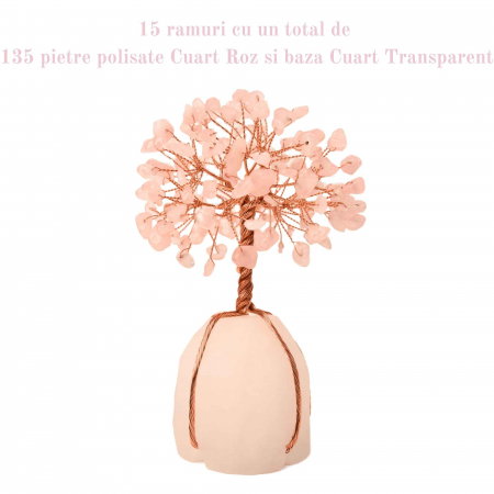 Arborele vietii 13-14 cm din pietre semipretioase polisate de cuart roz si baza de piatra naturala de cuart transparent - Copacel de cristal pentru energie pozitiva  atrage norocul, decor Feng Shui, cadou spiritual [3]