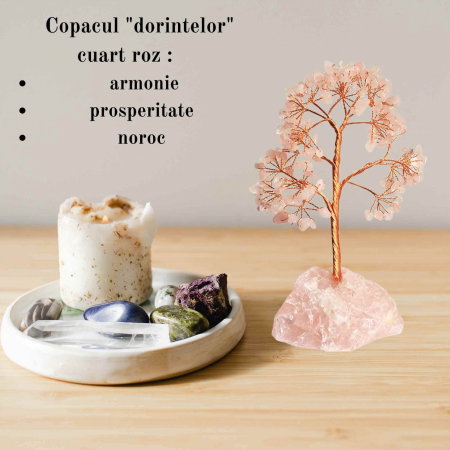Arborele vietii 18 cm cu cristale semipretioase cuart roz - Bonsai de cristal cu 162 mini pietre si baza din cuart roz pentru bani, Feng Shui, noroc [3]