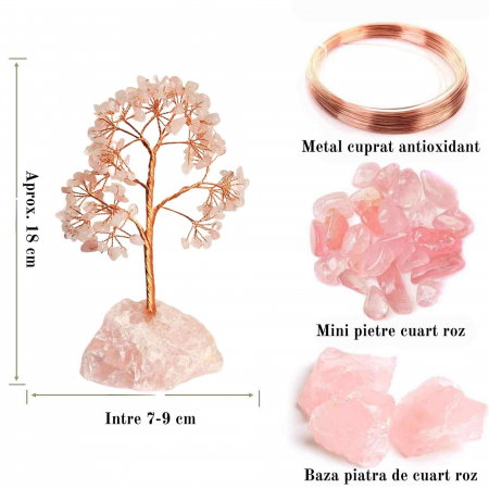 Arborele vietii 18 cm cu cristale semipretioase cuart roz - Bonsai de cristal cu 162 mini pietre si baza din cuart roz pentru bani, Feng Shui, noroc [2]