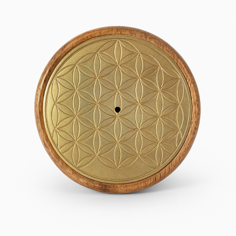 Suport betisoare parfumate lemn de mango – Flower of Life auriu,  8.5 cm (pentru betisoare si conuri) [0]