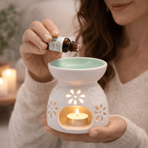 Arzator Ceramic Alb cu Vas Verde Mentol si Decupaje Florale – Ritual de Relaxare si Armonie Energetica [1]