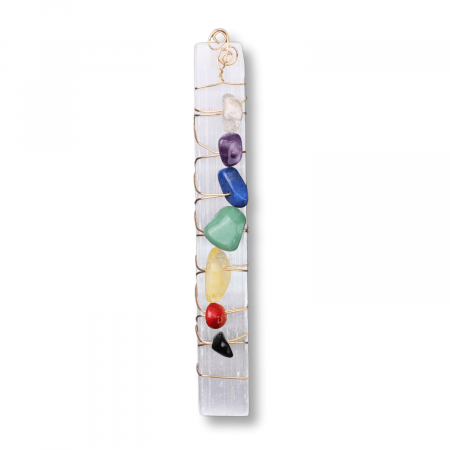 Bagheta din Selenit Brut cu Pietre pentru Cele 7 Chakre, Invelita in Sarma de Cupru, pentru Yoga, Meditatie, Echilibru Spiritual