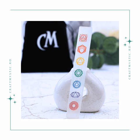 Bagheta de Selenit cu Semnele Chakrelor Color - Incarcare si Curatare Cristale [1]