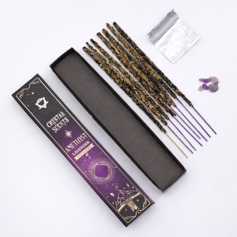 Palo Santo, Salvie și Bețișoare - Smudge Incense Crystal Scents cu Cristale Ametist – Relaxare si Claritate Lavanda