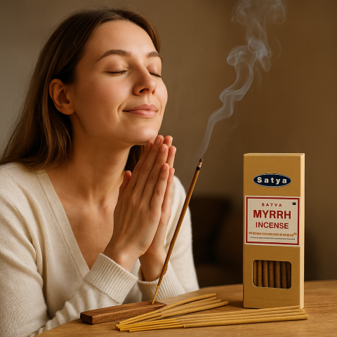 Betisoare Satya Myrrh 15 g – smirna, rulate manual, India [2]