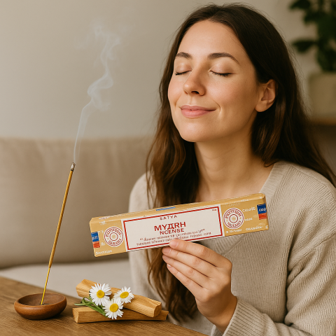 Betisoare Satya Myrrh 15 g – smirna, rulate manual, India [1]