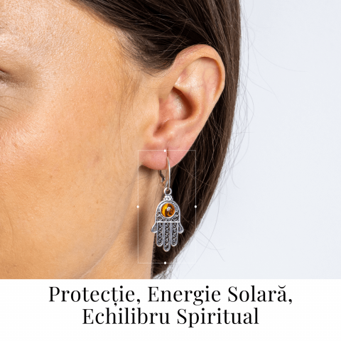 Mana protectiei blande – Cercei cu Mana Fatimei si chihlimbar in montura argint 925 [1]