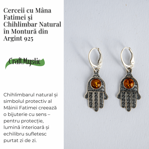 Mana protectiei blande – Cercei cu Mana Fatimei si chihlimbar in montura argint 925 [5]