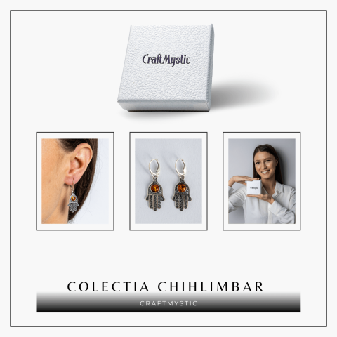 Mana protectiei blande – Cercei cu Mana Fatimei si chihlimbar in montura argint 925 [6]