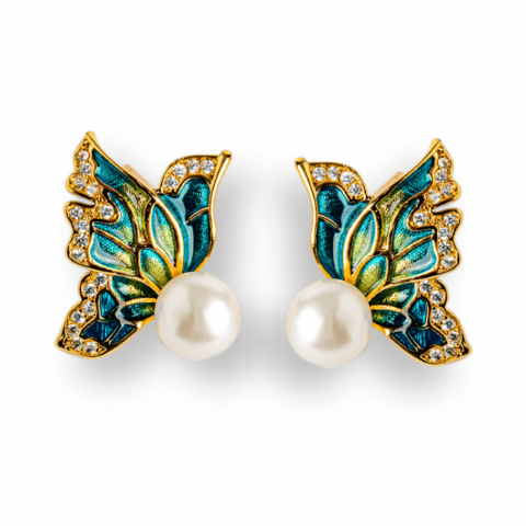 Rac - Eleganta care zboara – Cercei cu perla naturala si pasarele aurii