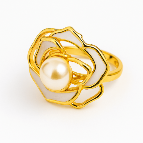 Bijuterii Semiprețioase - Bijuterie inspirata de natura – Inel floare de camelie cu perla si scoica