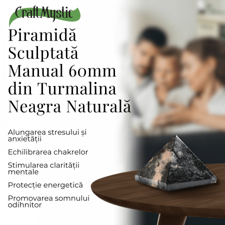 Piramida Sculptata Manual 60mm din Piatra de Turmalina Neagra cu Rutil Naturala [1]