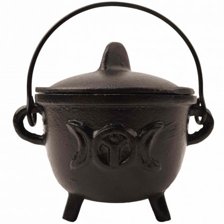 Ceaun "Cauldron" din Fonta cu design Triple Moon, cu Capac si Maner - Cazan de Vrajitoare, Ideal pentru Arderea Tamaii pe Carbune si Smudging cu Salvie [0]