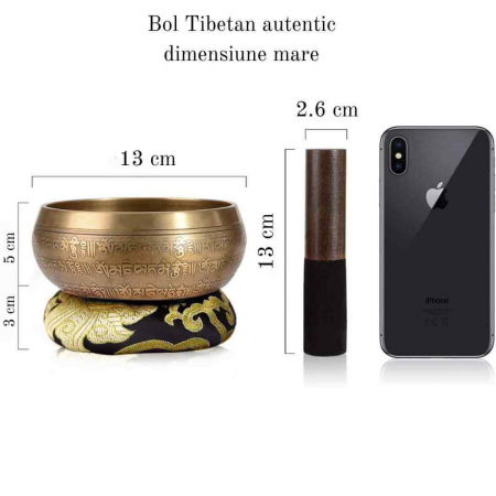Set bol Tibetan de meditatie 13 cm gravura mantra, batut manual, sunet pentru yoga, vindecare chakre si meditatie Zen, cu ciocan din piele si perna de matase [1]