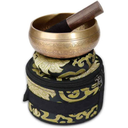 Set bol Tibetan de meditatie 13 cm gravura mantra, batut manual, sunet pentru yoga, vindecare chakre si meditatie Zen, cu ciocan din piele si perna de matase [4]
