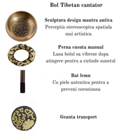 Set bol Tibetan de meditatie 13 cm gravura mantra, batut manual, sunet pentru yoga, vindecare chakre si meditatie Zen, cu ciocan din piele si perna de matase [2]
