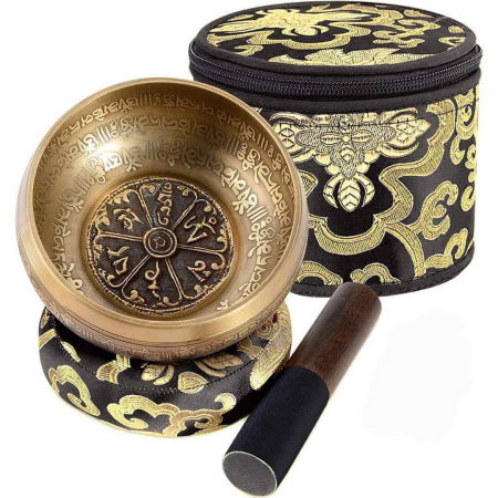 Set bol Tibetan de meditatie 13 cm gravura mantra, batut manual, sunet pentru yoga, vindecare chakre si meditatie Zen, cu ciocan din piele si perna de matase