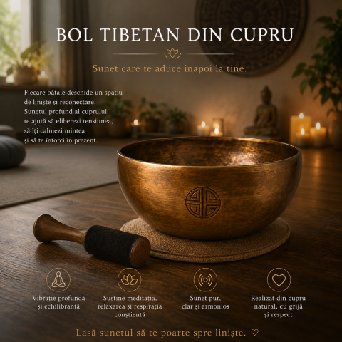Bol Tibetan din Cupru Rotund 22.5 cm – Armonie Interioara si Relaxare Profunda [4]