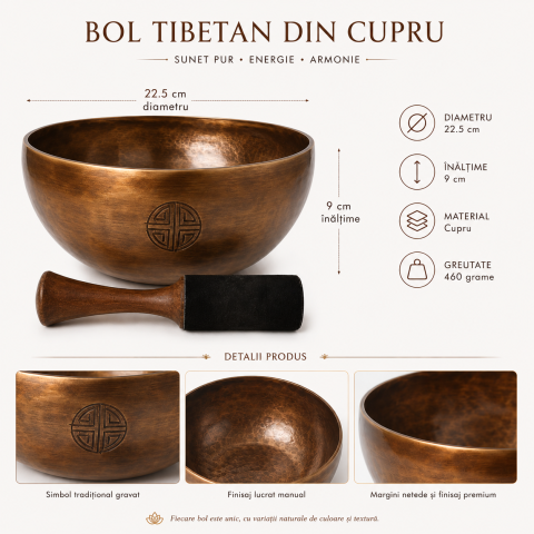 Bol Tibetan din Cupru Rotund 22.5 cm – Armonie Interioara si Relaxare Profunda [2]