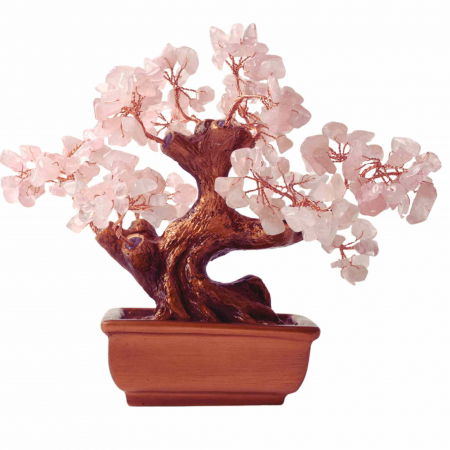 Cristale și Pietre Semiprețioase - Bonsai cu cristale Cuart Roz pe suport dreptunghiular de ceramica – simbolizeaza: feng shui, noroc, sanatate, bogatie si familie