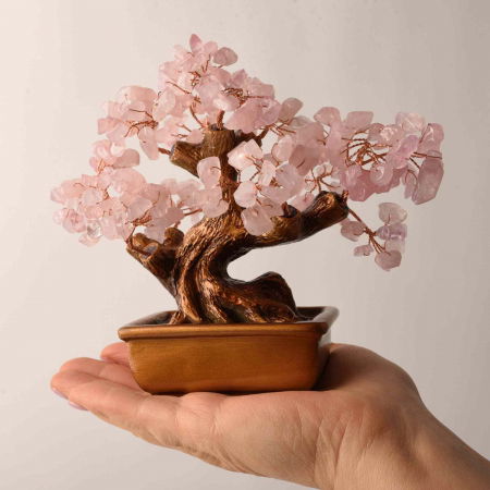 Bonsai cu cristale Cuart Roz pe suport dreptunghiular de ceramica – simbolizeaza: feng shui, noroc, sanatate, bogatie si familie [3]