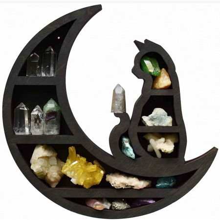 Accesorii pentru Cristale și Pietre - Mini Raft 30x30 cm expunere din lemn pentru cristale, uleiuri esensiale design Pisica neagra pe luna - Decorare gotică pentru cameră Moon Cat