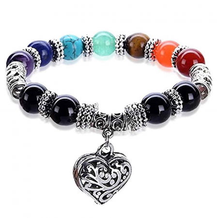 Bijuterii Semiprețioase - Bratara 7 chakra cu margele din pietre semipretioase si pandantiv inima 10mm
