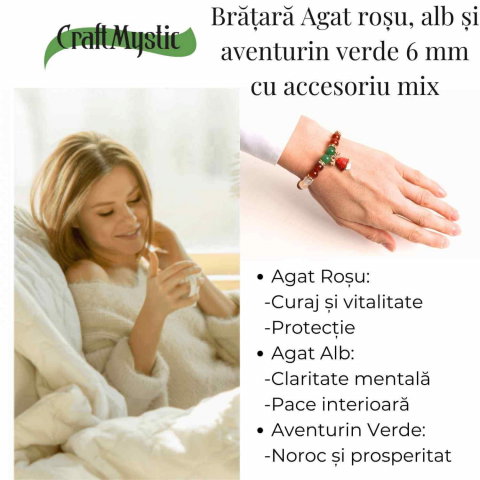 Bratara naturala Agat rosu, alb si aventurin verde cu accesoriu mixt - echilibru si noroc [5]