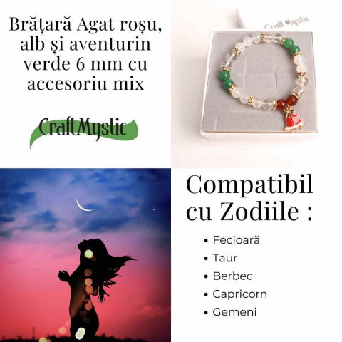 Bratara naturala Agat rosu, alb si aventurin verde cu accesoriu mixt - energie si protectie [4]
