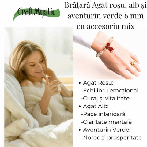 Bratara naturala Agat rosu, alb si aventurin verde cu accesoriu mixt - energie si protectie [5]