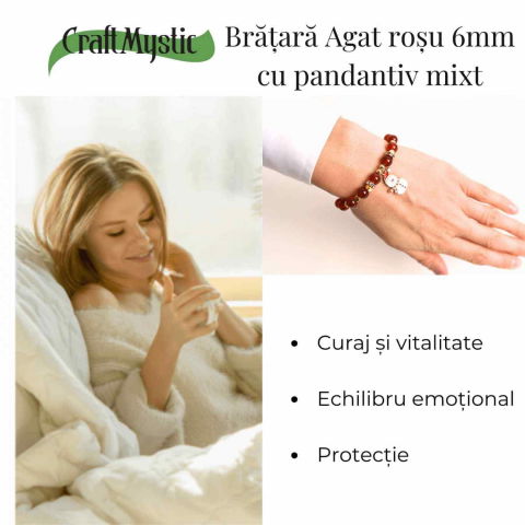 Bratara naturala Agat rosu 6mm cu accesoriu mixt - curaj si protectie [5]