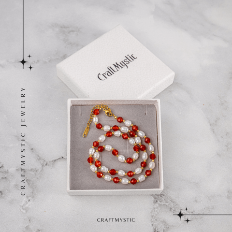 Colier Cupru cu Agat Rosu Fatetat si Perle Naturale – Echilibru, Rafinam si Energie Vitala [6]