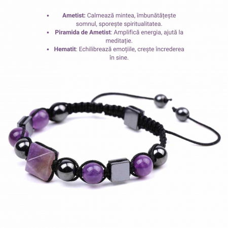 Bratara Ajustabila Impletita cu Margele din Ametist si Hematit de 8mm cu Piramida de Ametist - Cadou Special [1]