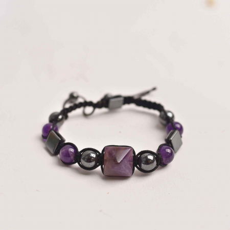 Bratara Ajustabila Impletita cu Margele din Ametist si Hematit de 8mm cu Piramida de Ametist - Cadou Special [4]