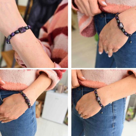 Bratara Ajustabila Impletita cu Margele din Ametist si Hematit de 8mm cu Piramida de Ametist - Cadou Special [3]