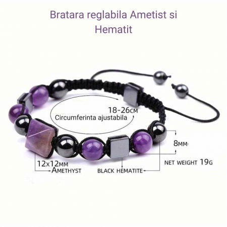 Bratara Ajustabila Impletita cu Margele din Ametist si Hematit de 8mm cu Piramida de Ametist - Cadou Special [2]